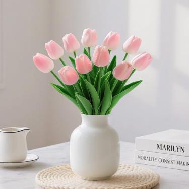 Imagem de ZOES HOMDECO 20 peças de tulipas artificiais flores artificiais rosa 33 cm toque real PU buquê de tulipas falsas para arranjos florais decoração de casa cozinha mesa casamento