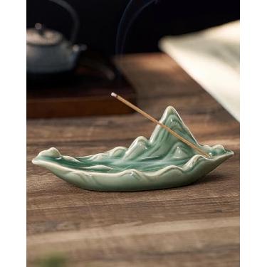 Imagem de TEAVOR Suporte de incenso zen com apanhador de cinzas – Queimador de incenso de barco de cerâmica com paisagem de rios e montanhas chineses para casa, spa, meditação, ioga