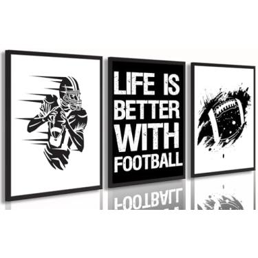 Imagem de 3 peças de arte de parede de futebol americano preto e branco rúgbi decoração de parede pintura inspiradora arte esportes impressões para meninos quarto vestiário dormitório sala de estar decoração de