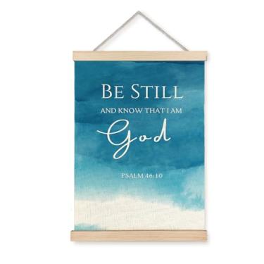 Imagem de ignytiger Arte de parede cristã azul em tela, Be Still and Know That I Am God Versículos da Bíblia Decoração de arte de parede para sala de oração, 30 x 40 cm