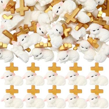 Imagem de Wesiti 50 peças, estatuetas de ovelhas de resina em miniatura, cordeiro branco com cruz dourada, animal religioso, decoração de Páscoa, presente cristão para presentes de batismo de primeira comunhão