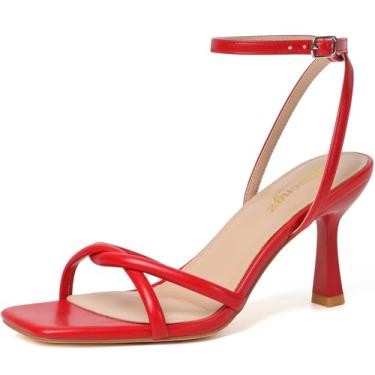 Imagem de RIBONGZ Sandálias femininas de salto quadrado, bico aberto, salto gatinho com tira no tornozelo, elegante, verão, casamento, festa, formatura, uso diário, cadarço, Vermelho, 40