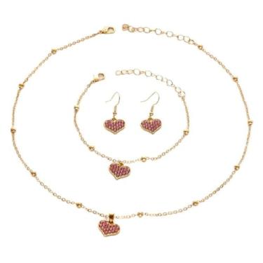Imagem de FLORA Conjunto feminino de colar pulseira e brincos dourados Conjunto de joias em formato de coração com 3 peças Elegante e versátil