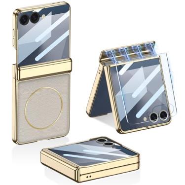 Imagem de Capa de couro magnética para Samsung Galaxy Z Flip 7 com proteção magnética para dobradiça e protetor de tela integrado, [suporta carregamento sem fio] Capa luxuosa à prova de choque para Galaxy Z