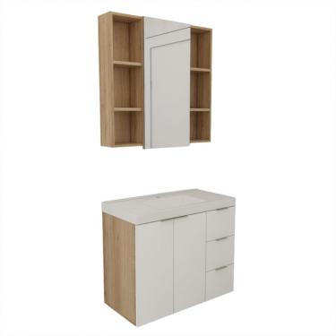 Imagem de Conjunto de Gabinete e Armário de Banheiro com Espelho Vittare II 3 Portas 3 Gavetas Carvalho e Nude