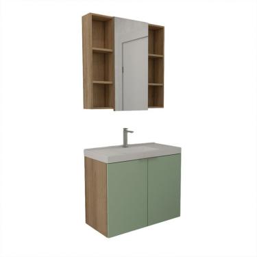 Imagem de Conjunto de Gabinete e Armário de Banheiro com Espelho Vittare II 3 Portas Carvalho e Verde