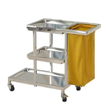 Imagem de TRGCJGH Carrinho de limpeza de aço inoxidável, carrinho de limpeza comercial, carrinho de limpeza de 3 prateleiras, carrinho de esfregão de grande capacidade com saco de vinil 65L (L, amarelo)