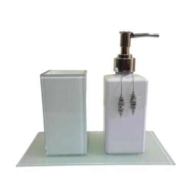 Imagem de Kit Lavabo Square 250ml com Porta Escova, Saboneteira e Bandeja Luxo(Branco Total C/Prata)