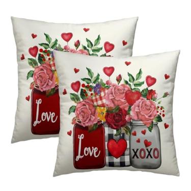 Imagem de Capas de almofada Happy Valentines 45,7 x 45,7 cm vermelho amor coração conjunto de 2 almofadas de arremesso flores dia das mães casamento capas de almofada decorativas para férias ao ar livre casa