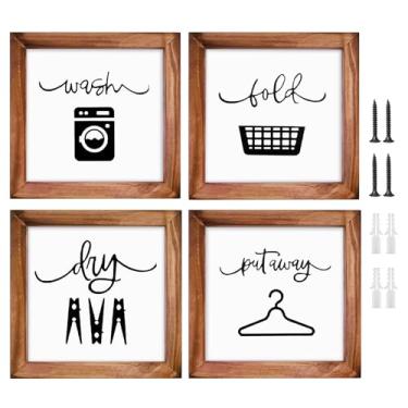 Imagem de Chihutown Conjunto de 4 decoração de parede de lavanderia, arte de lavanderia, placas de lavanderia minimalistas engraçadas, decoração de parede com moldura de madeira decorativa (branco)