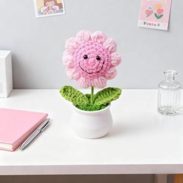 Imagem de Flor artificial de crochê, decoração floral feita à mão, buquê de fio macio para casa, escritório, decoração de mesa (rosa)