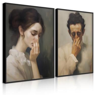 Imagem de Arte de parede de banheiro engraçado humor preto e branco imagens divertidas senhora homem cobrindo o nariz impressão em tela vintage meados do século clássico pintura a óleo pôster engraçado presente