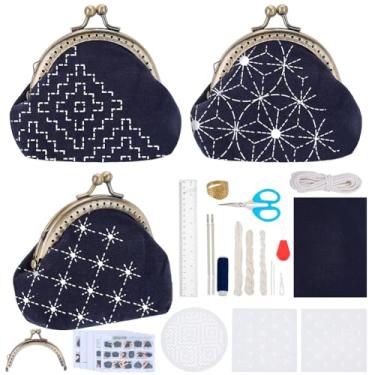 Imagem de FREEBLOSS Kit de 3 sacos Sashiko, kit de bordado Sashiko para iniciantes, kits de bordado de bolsa faça-você-mesmo, inclui linha de costura, agulhas, tecido, kits de costura manual de dedal com modelo