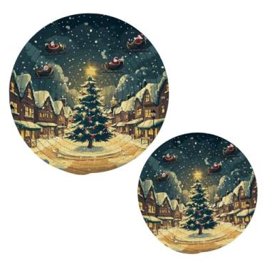 Imagem de Blueangle 2 peças de suporte de panela com desenho animado de cidade de neve - conjunto de pegadores de panela de tecido redondo - almofadas quentes trançadas de algodão - porta-copos - tapetes de