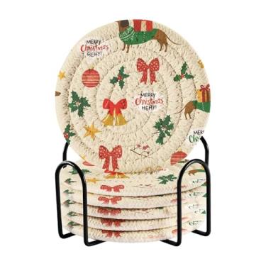 Imagem de GakkiGii Conjunto de 6 porta-copos redondos absorventes de dachshund de Natal com suporte, porta-copos de tecido para mesa de centro, bar, decoração de cozinha