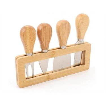 Imagem de Kit de Facas para Queijo em Bambu com 4 Utensílios Inox e Suporte Orga