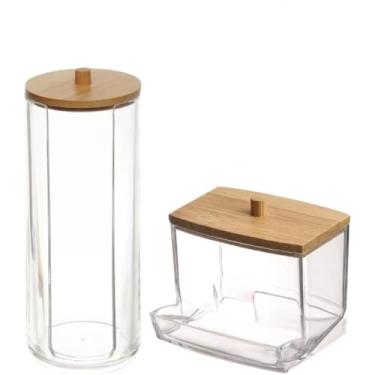 Imagem de Kit Organizador Porta Algodão Disco e Porta Hastes Cotonete Com Tampa de Bambu Acrilico para Banheiro Quarto de Bebe Pote para Armazenar