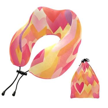 Imagem de CEBUGI Travesseiros de viagem portáteis em forma de U, travesseiro de pescoço de espuma viscoelástica com trava de corda ajustável para avião, viagem, trem, negócios, escritório, soneca (corações do