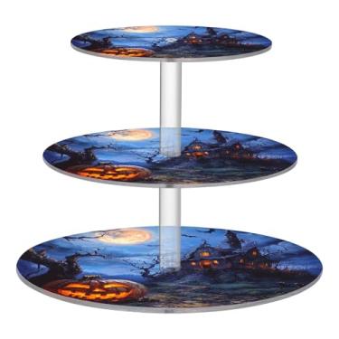 Imagem de CEBUGI Suporte de cupcake de 3 camadas, abóboras assustadoras e casa, suporte redondo para bolos, torre, bandeja de servir em camadas de acrílico para chá, chá de bebê, casamento e mais