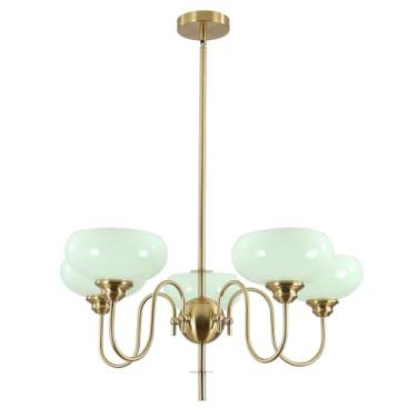 Imagem de Lustre vintage verde, lustre de 5 luzes estilo meados do século XX, luminária pendente moderna estilo Sputnik, luminária pendente redonda com altura ajustável, luminária de teto para sala de
