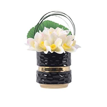 Imagem de LMJYU Flores artificiais bonsai artificial de 29 cm, arranjo floral de lírio artificial em vaso de cerâmica preto cilíndrico, para decoração de casa flores falsas