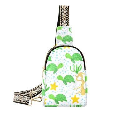 Imagem de CEBUGI Bolsa tiracolo feminina de couro com estampa de tartarugas verdes para trilhas, viagens ao ar livre