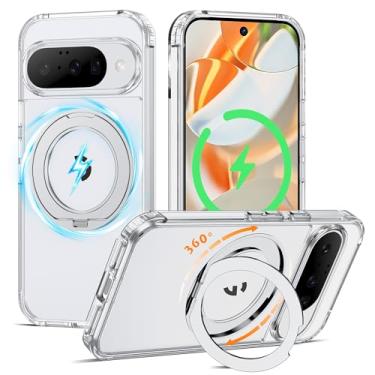 Imagem de AmoraAqua Compatível com capa transparente para Google Pixel 9/Pixel 9 Pro com suporte de anel magnético de 360° [compatível com Mag-Safe] Capa à prova de choque para Pixel 9/9 Pro de 6,3 polegadas