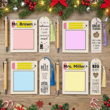 Imagem de 12 peças de presentes personalizados de agradecimento de professores a granel - presentes de nome de mesa de professores com 4 suportes de bloco de notas adesivas e 4 marcadores de livro, 4 canetas de