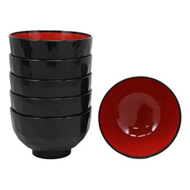 Imagem de Ebros Gift Feito no Japão Tigela de plástico tradicional preto vermelho laca copolímero para salada de arroz, sopa de missô, 12,5 cm de diâmetro, 227 g, tigelas japonesas de suprimentos de restaurante acessórios de cozinha para casa (padrão estriado de colmeia, 6)