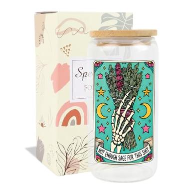 Imagem de AFRITEE Copos de vidro de caveira engraçados - Not Enough Sage for This Shit Gothic Skeleton 473 ml Copos de vidro com tampas e canudos, copo de café gelado presentes de bruxaria para mulheres amantes