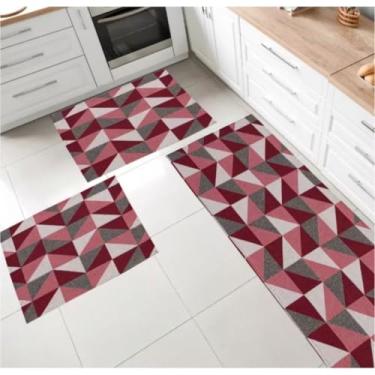Imagem de Jogo de passadeira de cozinha tapete em jacquard antiderrapante 3 peças decoração impecável(Jogo M5 Ladrilho Vermelho)