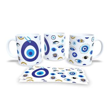 Imagem de Caneca Decorativa com Mensagem Pra Semana, Porcelana Branca, Design Olho Grego, Frase Motivacional em Português, Padrão Círculos Azuis (10561)