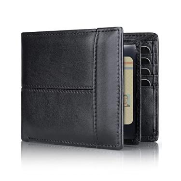 Imagem de Carteira masculina RFID de couro genuíno com dobra dupla para homens, janela para identidade, 16 porta-cartões, caixa de presente, Preto, Stander