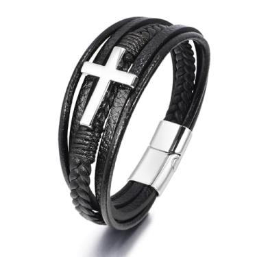 Imagem de Q&D&S Pulseira cruzada de couro trançado multicamadas, pulseira preta de couro legítimo, pulseira masculina de estilo religioso, 7.48 inch, Couro, Sem Pedra Preciosa