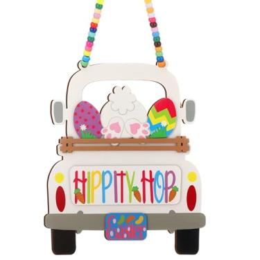 Imagem de Geelin Placa de madeira Happy Easter para pendurar na porta da frente, placa de caminhão 3D, colorida, guirlanda de porta sazonal, para casa, interior, exterior, parede e janela