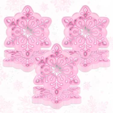 Imagem de JarThenaAMCS Pratos de papel de floco de neve, pratos descartáveis de Natal, prata, placa decorativa rosa para Natal, inverno, férias, chá de bebê, artigos de festa de aniversário, 24 peças