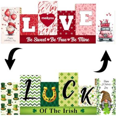 Imagem de Decoração de mesa reversível para Dia dos Namorados e Dia de São Patrício - LOVE LUCK Placa de madeira projetada em composto coração trevos coração decoração de mesa dupla face centro de mesa