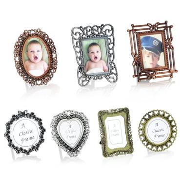 Imagem de Himitimi 7 porta-retratos vintage de 2,5 cm, porta-retratos tamanho mini carteira, linda moldura de metal para exibição de mesa, galeria, arte, casamento, decoração de casa (7 estilos, cores