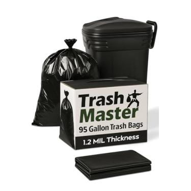 Imagem de Sacos de lixo resistentes de 95 galões | 25 sacos com laços | Sacos de lixo super grandes | 4 km de espessura para descarte de limpeza de quintal, casa e escritório - TrashMaster (25)