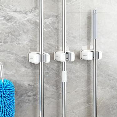 Imagem de Suporte de vassoura adesivo para esfregão de perfuração à prova d'água, suporte organizador resistente e antiderrapante para banheiro, lavanderia