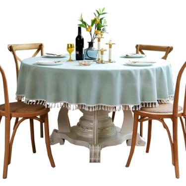 Imagem de Qubjus Elegante toalha de mesa redonda de algodão e linho com franjas e borlas texturizadas para casamento, festa, jantar e decoração de casa (redonda 122 cm, azul-petróleo)
