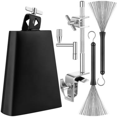 Imagem de Cowbell para conjunto de bateria, pequeno sino de 15 cm com braçadeira de sino de aço inoxidável e escova de bateria, acessório de percussão de suporte de campainha, instrumento musical de sino de