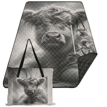 Imagem de TSENQUE Lindo tapete dobrável cinza vaca Highland cobertor de praia à prova de areia grande acampamento ao ar livre tapete de grama 299 cm x 203 cm