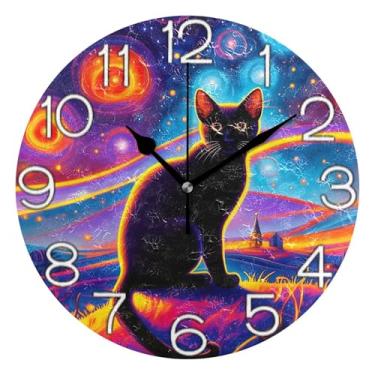 Imagem de Relógio de parede decorativo analógico operado por bateria silencioso relógio de cozinha rústico, decoração de parede de casa de fazenda moderna, gato preto céu estrelado, 25 cm, ponteiros pretos