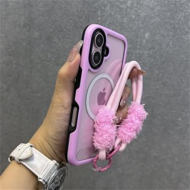 Imagem de Capa com alça de pulso magnética e carregador sem fio Candy Color Frame para iPhone 16, 13, 14, 15 Pro Max Plus, capa rígida transparente, rosa, para iPhone 13 Pro