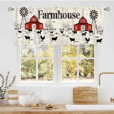 Imagem de Valance de casa de fazenda, animais de fazenda rústica, armazém, vermelho, moinho de vento, vaca, galinha, campo rural, pequenas cortinas de saia sobre a pia para cozinha, café, sala de estar, quarto