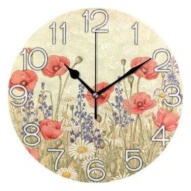 Imagem de GAIGEO Relógio de parede analógico decorativo operado por bateria relógio de cozinha rústico, decoração de parede de meados do século sala de estar vintage flor amarela floral branco, 25 cm, ponteiros