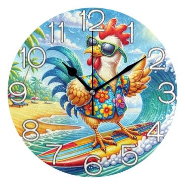 Imagem de GAIGEO Relógio de parede analógico decorativo divertido alimentado por bateria relógio de cozinha fofo, arte de parede boho, decoração de casa, galinha, surfe, costa, 25 cm, ponteiros dourados