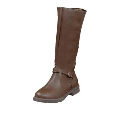 Imagem de Bota feminina longa reta cano alto inverno casual bico redondo zíper lateral salto baixo bloco, Café, 39