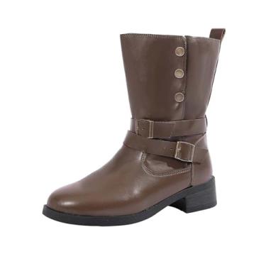 Imagem de Botas curtas femininas com bico redondo fivela de cinto e salto baixo grosso design de cano médio, Marrom, 39
